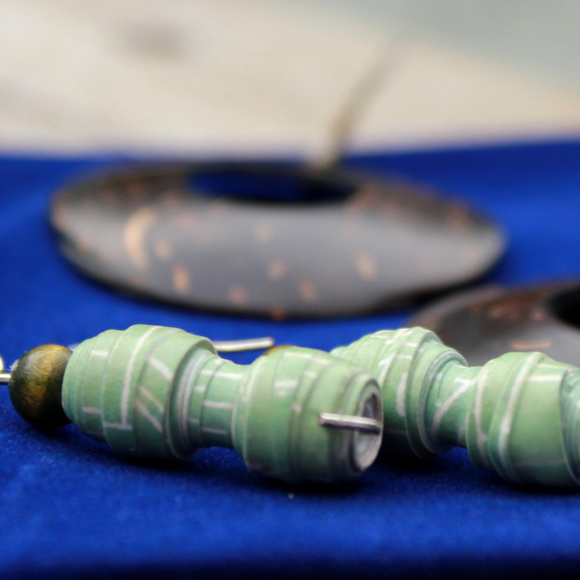 2 Pairs Handmade Earrings: Jade Spin & Wood Circle - Picture 4 of 8